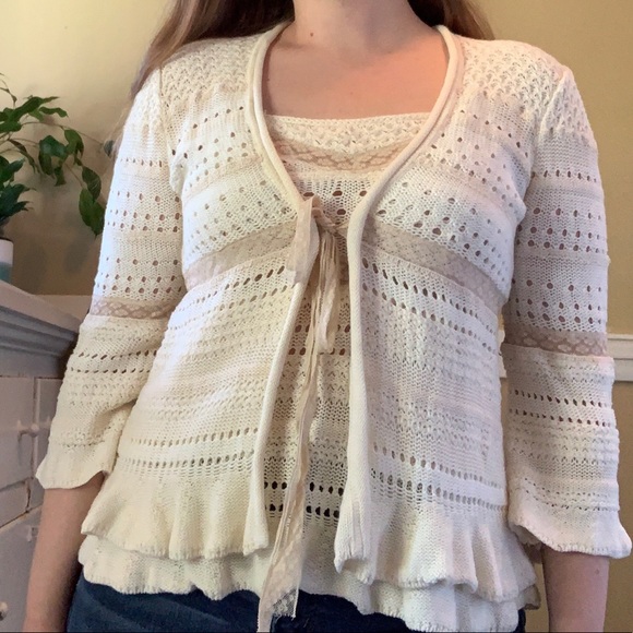 SOLD Rebecca Taylor lace tie crochet cream cardigan - Picture 3 of 3